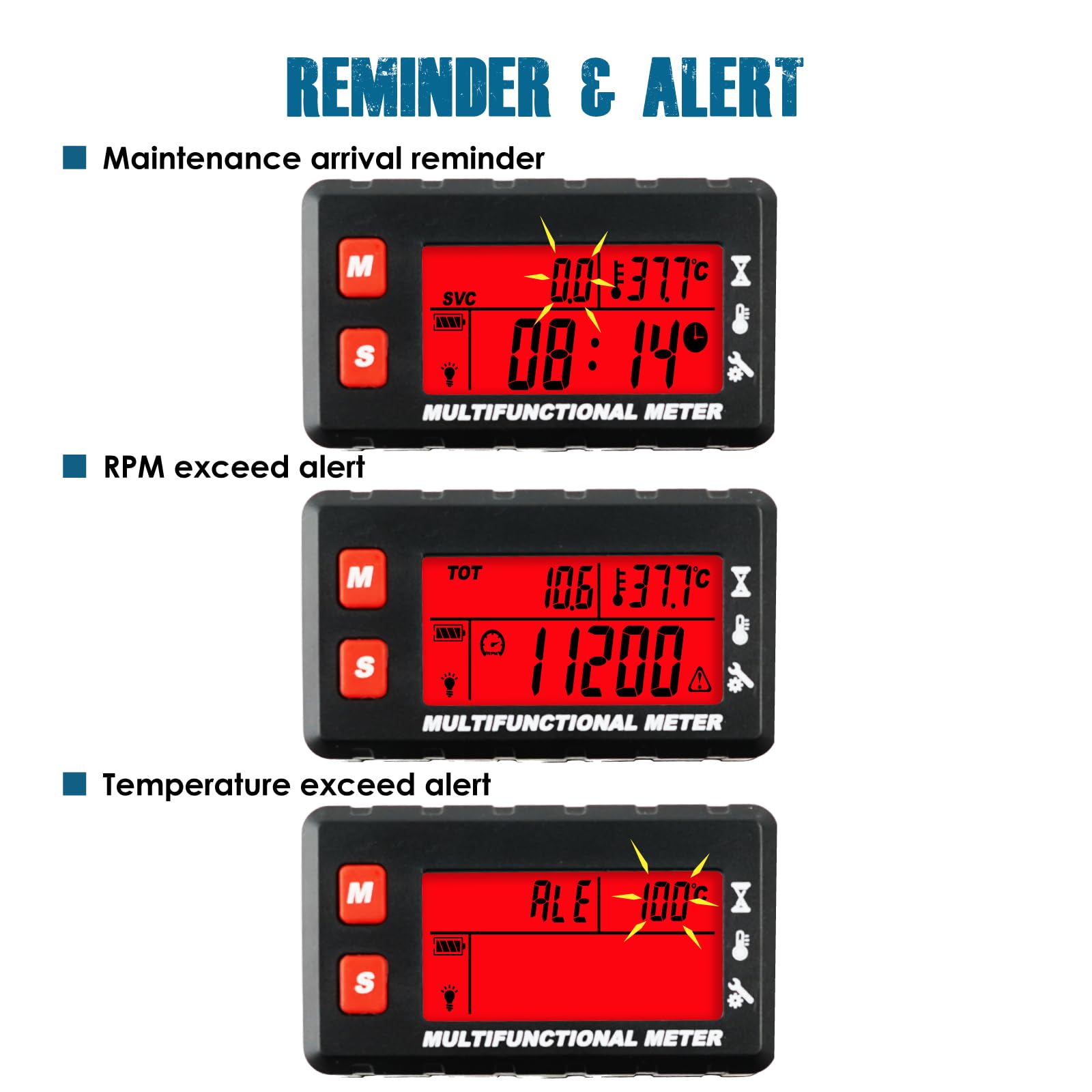 Runleader Compteur de température du moteur Digital, Compteur de tours/heure, Remplacement de la batterie et Alimentation externe DC5V à 30V pour moteur à essence, tracteur de jardin, générateur