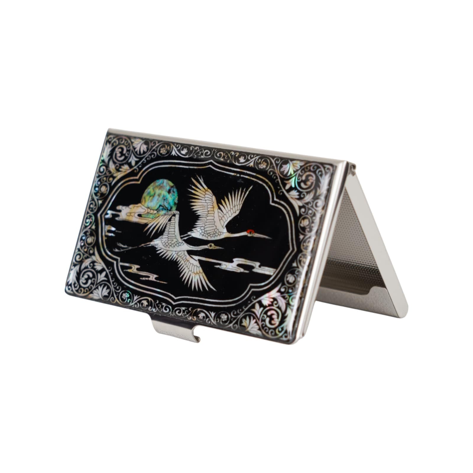 February Mountain Mother of Pearl Business Card Case - Korea Traditional Gifts, Slim Metal Holder for Business & Credit Cards, Pocket-Sized Purse