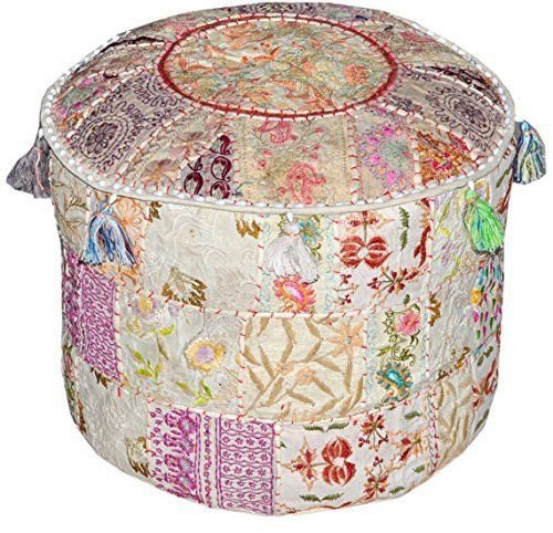 Sophia-Art Indian Embroidered Patchwork Cover Indian Decorative Pouf Indian Comfortable Floor Cotton Cushion Ottoman Pouf,Indian Designs Ethnic Patchwork Pouf (White, 14"x22")