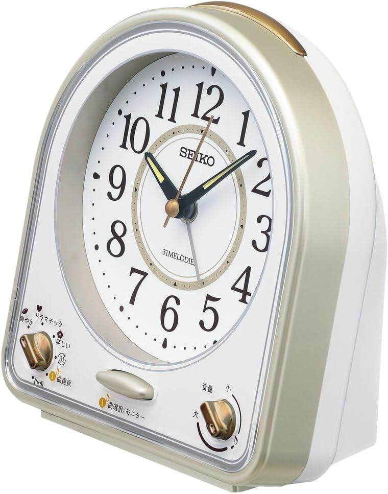 Seiko Clock QM750G Alarm Clock Analog 31 Songs Melody Alarm, Light Gold Pearl, Partial White Pearl, 5.5 x 4.9 x 2.8 inches (139 x 126 x 70 mm)
