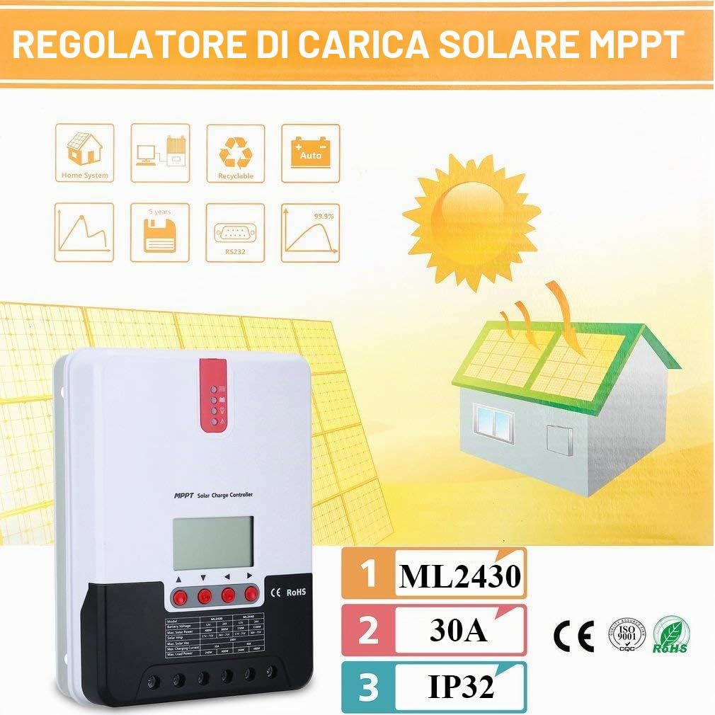 Regolatore di carica solare MPPT 12V / 24V Display LCD Identificazione automatica della tensione di sistema per il regolatore intelligente(30A)