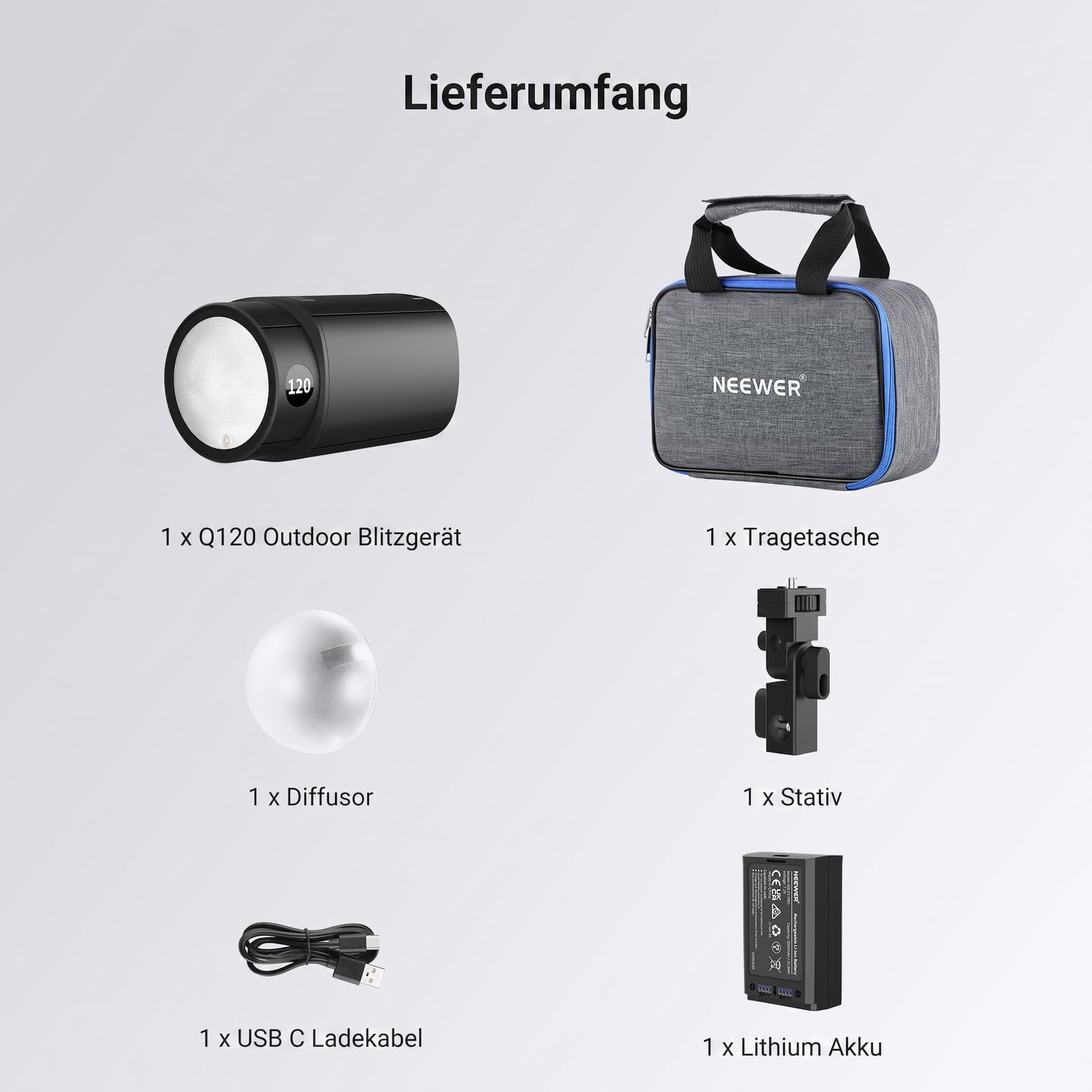 NEEWER 120Ws 2,4G TTL Outdoor Blitzgerät, kompatibel mit Godox, 1/8000s HSS Tragbares Studio Monolight mit Einstelllicht / 3000mAh Akku / 420 Blitze / 1,5s Blitzladezeit für Fotoshootings, Q120