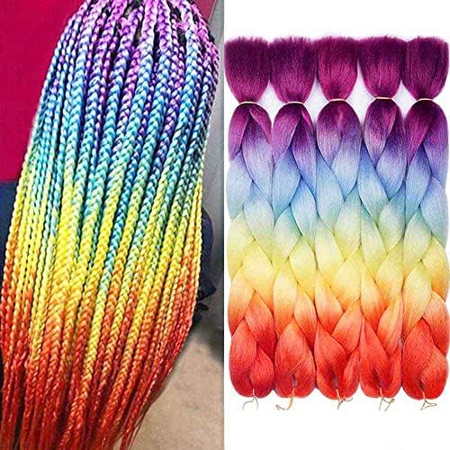 AIDUSA Braiding Hair Ombre Braiding Hair Synthetic Colorful Braiding Hair 4 Tone for Women Rainbow Braiding Hair 5Pcs Twist Crochet Braids 5Pcs Hair Extensions 24 Inch 100g (#60 Rainbow Color)
