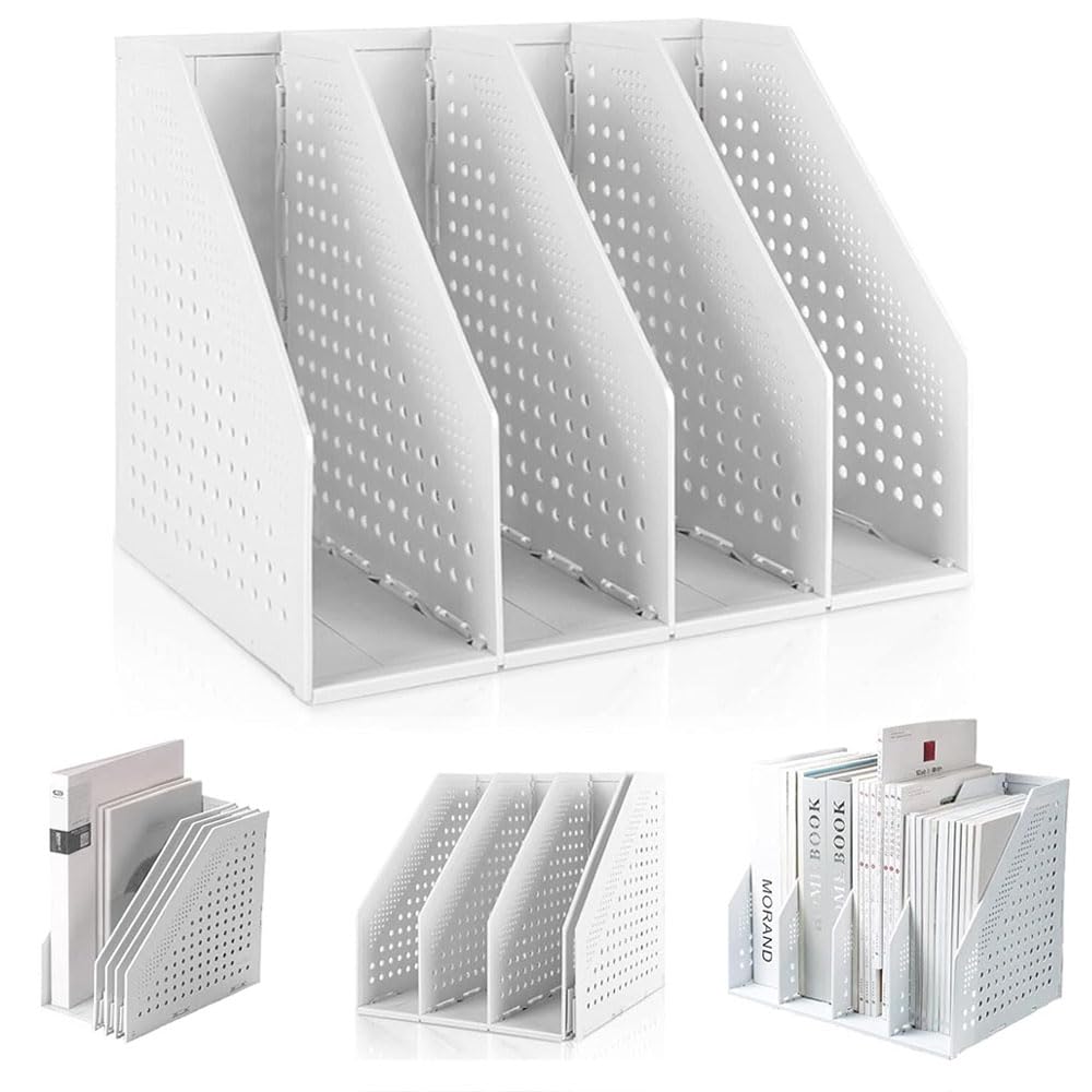Goodern Office Desk Organizer,Collapsible Magazine File Holder 4 Vertical Compartments Laptops Binders Storage Organizer Multifunction Plastic Magazine Holder for School Home Book Shelf Sturdy Desktop