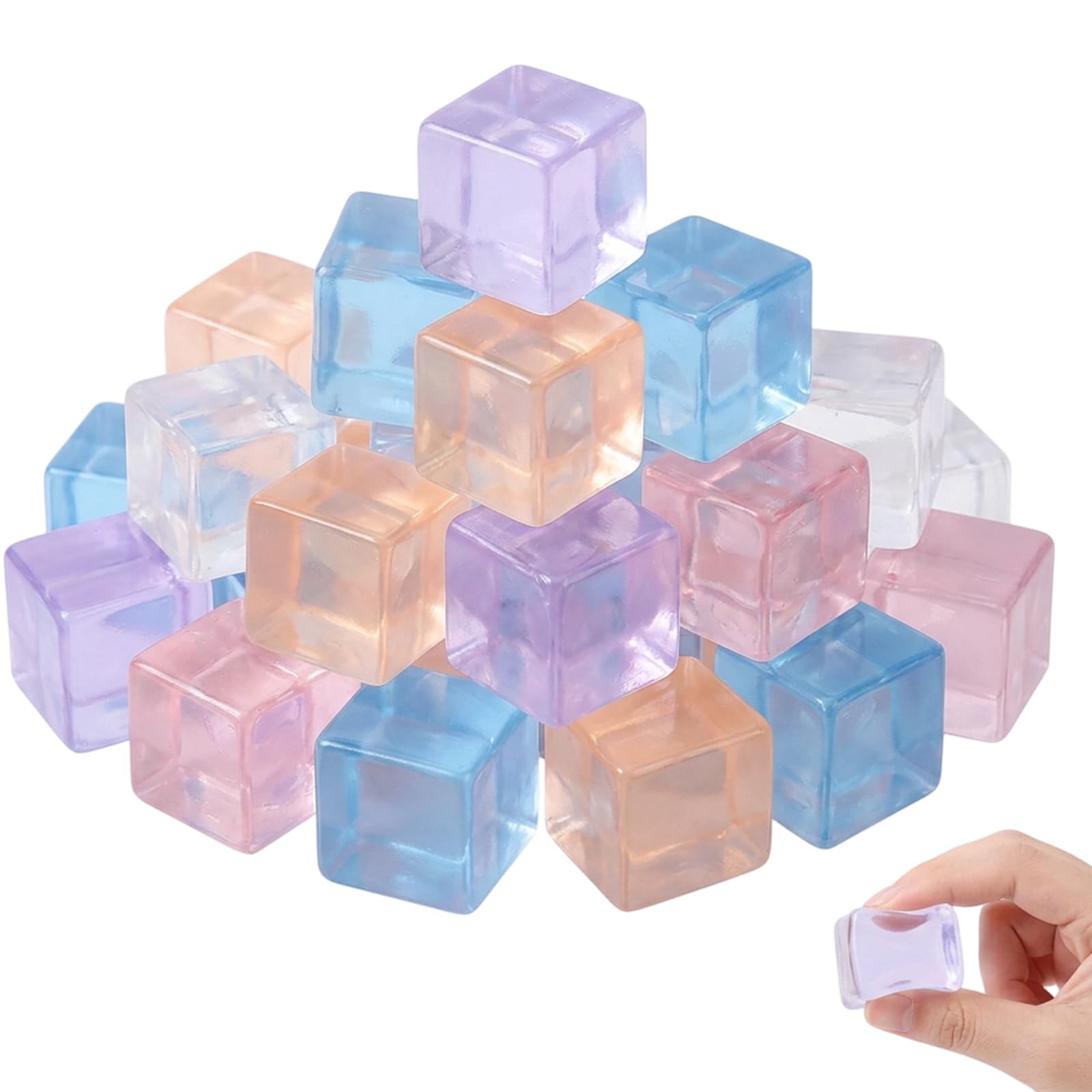 20 PCS Mini Ice Cube Squishy, Stress Relief Desktop Ornament, Four Colour Assortment, Relaxation Decor for Desk and Travel
