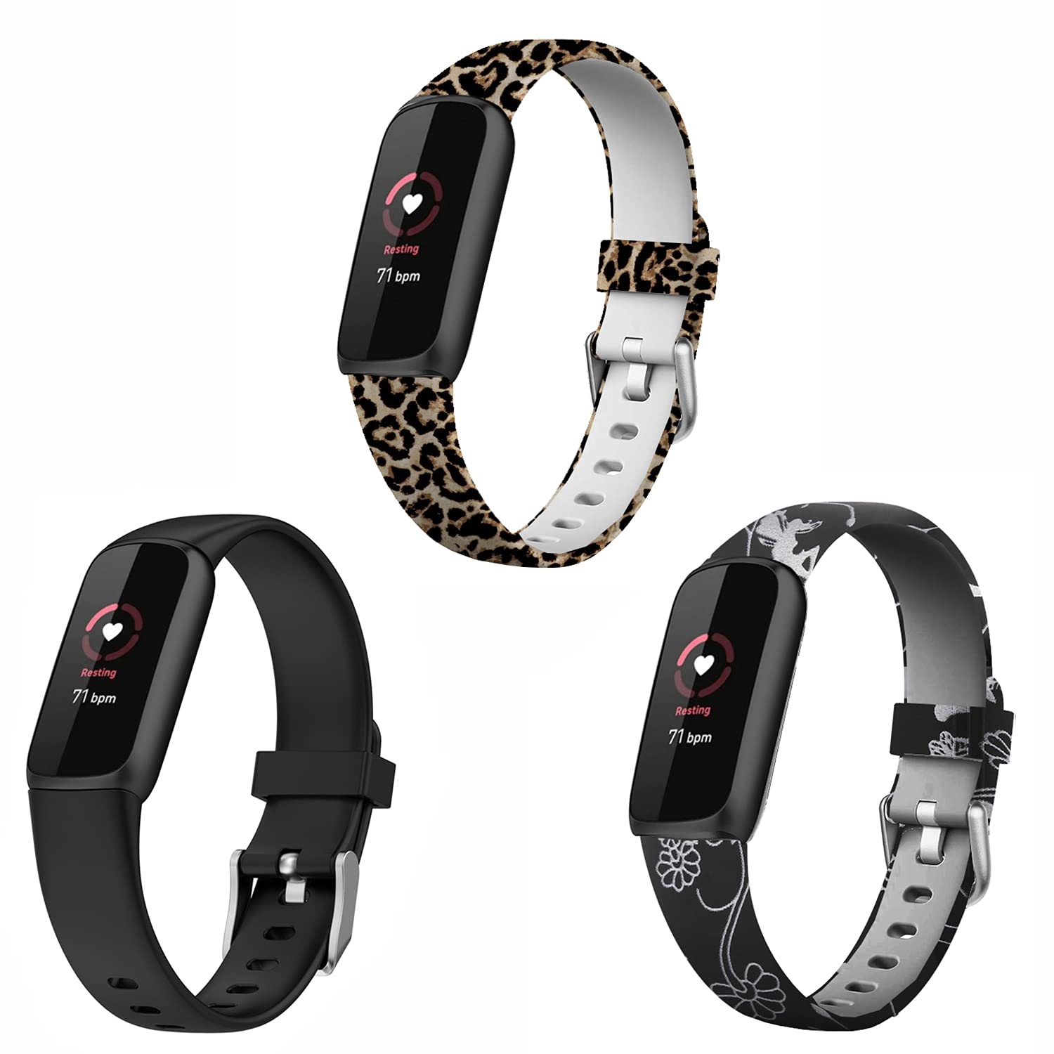 Lamshaw Compatible with Fitbit Luxe Bands, Silicone Replacement Sport Wristband Strap Accessories Compatible with Fitbit Luxe Fitness Tracker 2021 (3 pack-black flower+Leopard+Bosmia, Small size)