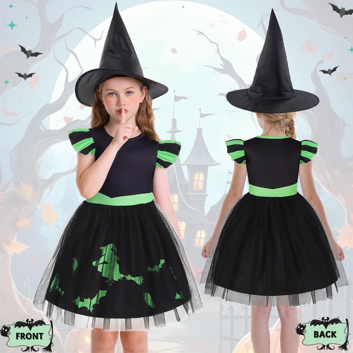 Marendyee Kids Party Dress Black Witch Costume Christmas Dresses World Book Day Costumes for Girls Princess Cosplay Dress Up with Witches Hat Children's School Stage Role Play Outfit 7-8 Years - Image 3