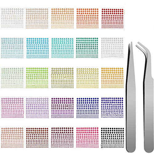 Jovitec 4125 Pièces 25 Feuilles Strass Autocollants avec 2 Pinces à Épiler pour Le Bricolage, Maquillage, Décoration et Festival, 25 Couleurs et 4 Tailles