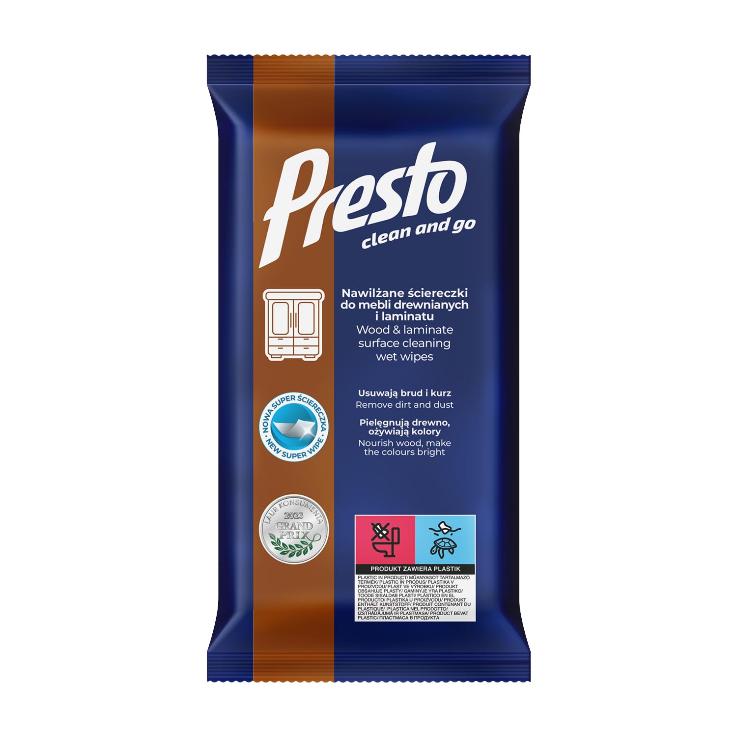 Presto Wet Wipes for Wooden Furniture | 2 in 1 Wipe + Liquid | Care Oil Formula | Removes Dirt, Nourish Wood, Brighten Colors | 72 Wipes
