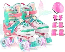 Patins Infantil Sereia com 4 Rodas Iluminadas LED, Ajustável, para Crianças com Kit de Proteção