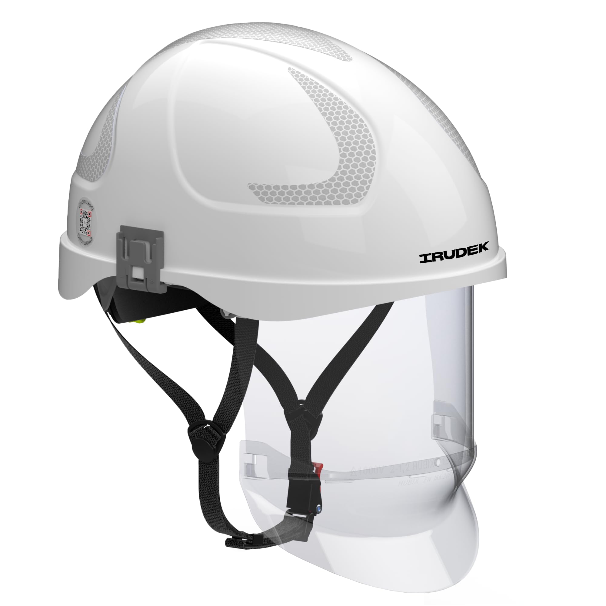 Irudek SECRA I Blanco – Casco dieléctrico con Visor para Arco eléctrico, ABS Resistente, Ajuste por trinquete y barboquejo 4 Puntos, Certificado EN 397, EN 50365 y GS-ET-29