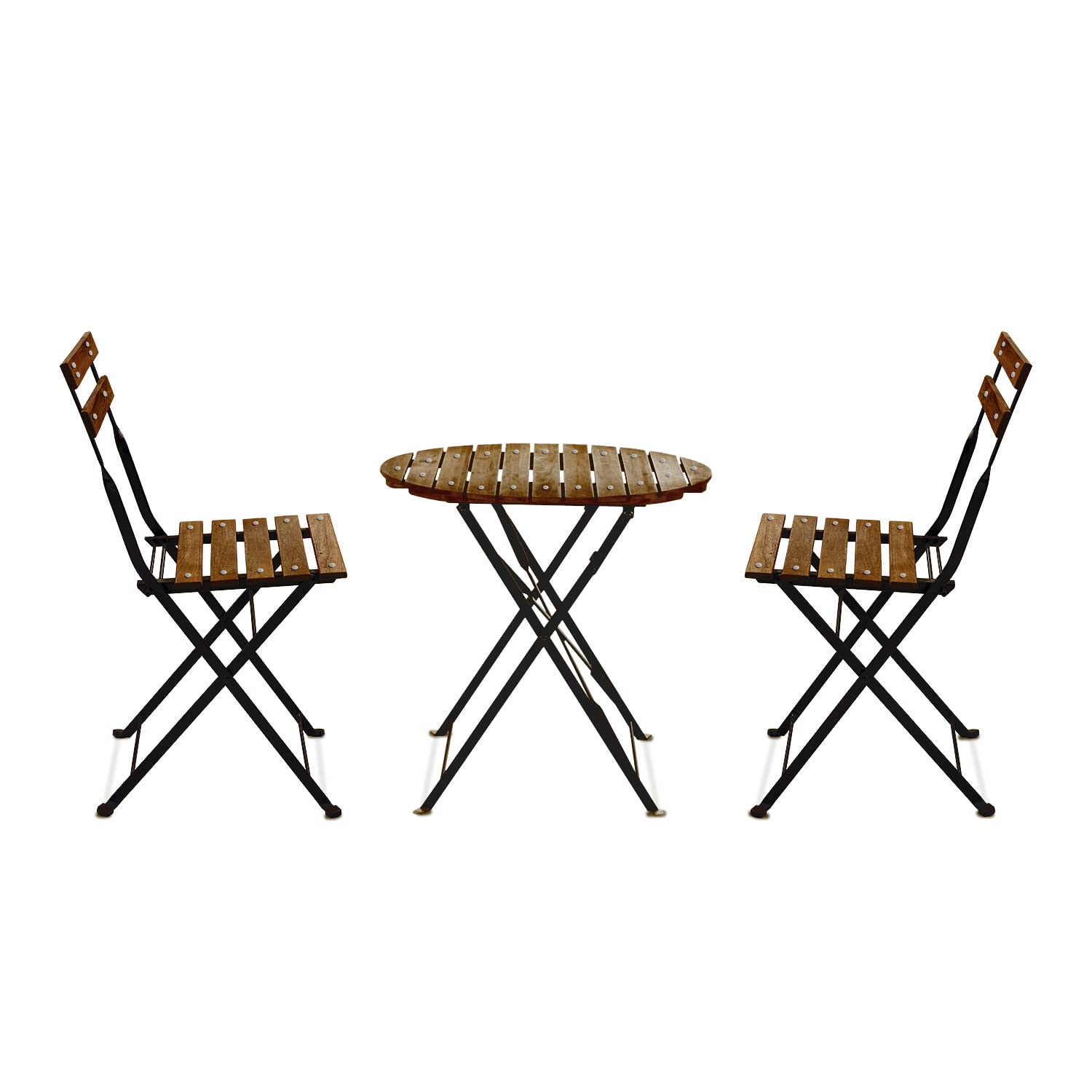 FRANKYSTAR Avolio Bistrò - Set da giardino con tavolino e 2 sedie pieghevoli in acciaio e legno con finitura effetto teak. Bistrot set da esterno in stile retrò