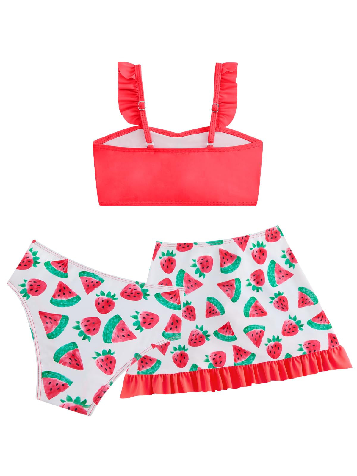 JiAmy Costume da bagno da bambina, 3 pezzi, con gonna, con volant, costume da bagno per bambini, spalline regolabili, fragola, sirena, anguria, ciambella, 4-8 anni