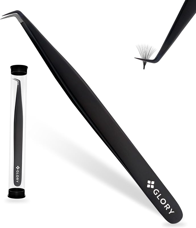 Pinça GLORY para extensão de cílios, ponta angular de 90 graus, aço inoxidável, preta, 13 cm