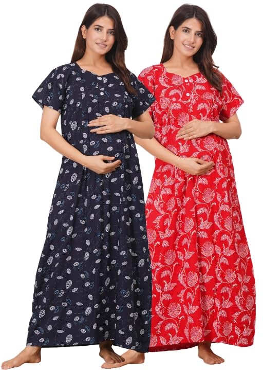 Pure Cotton Feeding Nighty for Women | Maternity Nursing Night Gown with Concealed Zippers | Soft Breathable Pregnancy Night Dress | Feeding Maxi Nighty for Breastfeeding-image-4