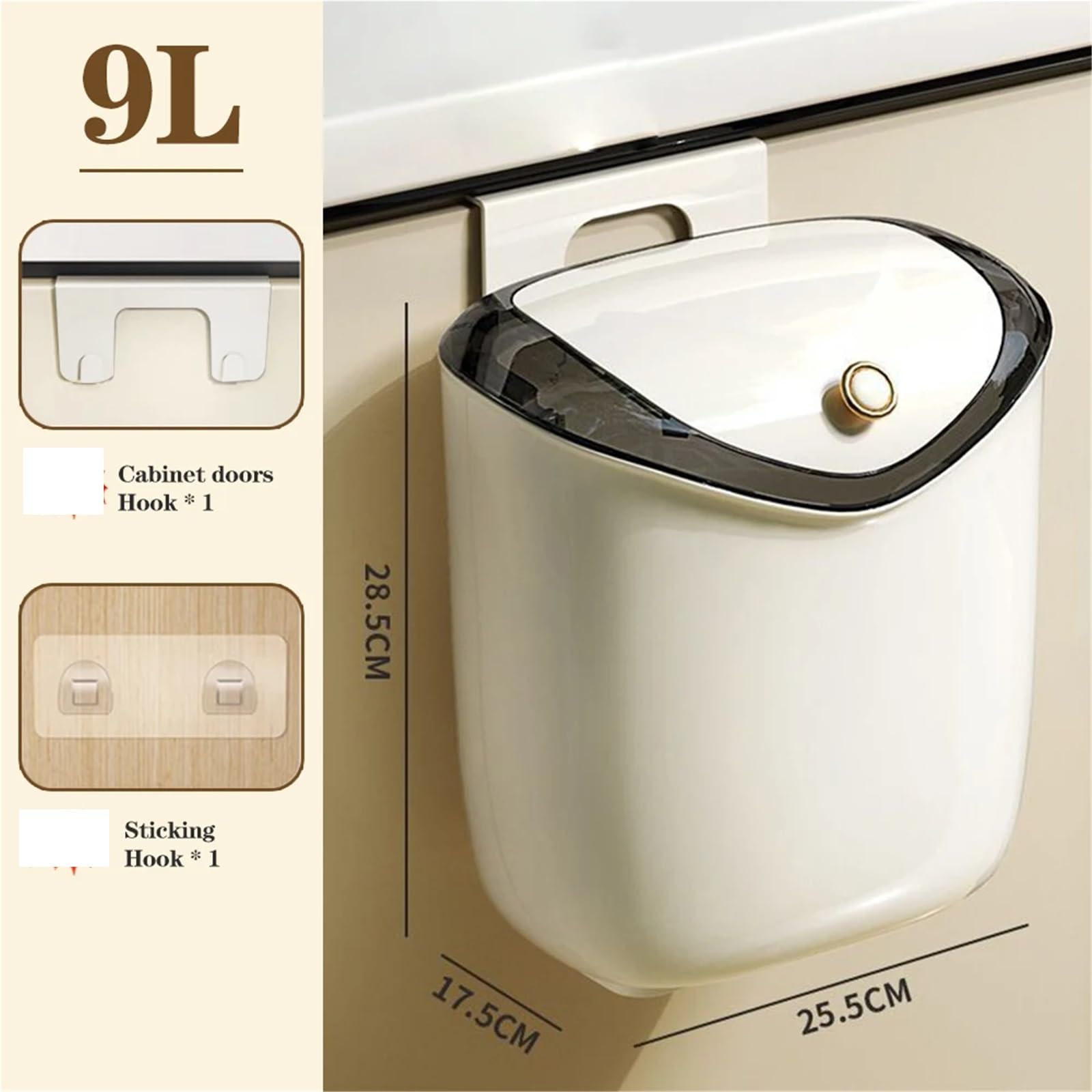 Cestino A Parete 6/9L Cucina Appesa Pattumiera con Coperchio Cibo Cestino della Spazzatura Fissato al Muro Pattumiera for Armadio Carta Igienica Secchio di Stoccaggio bidone(9L)