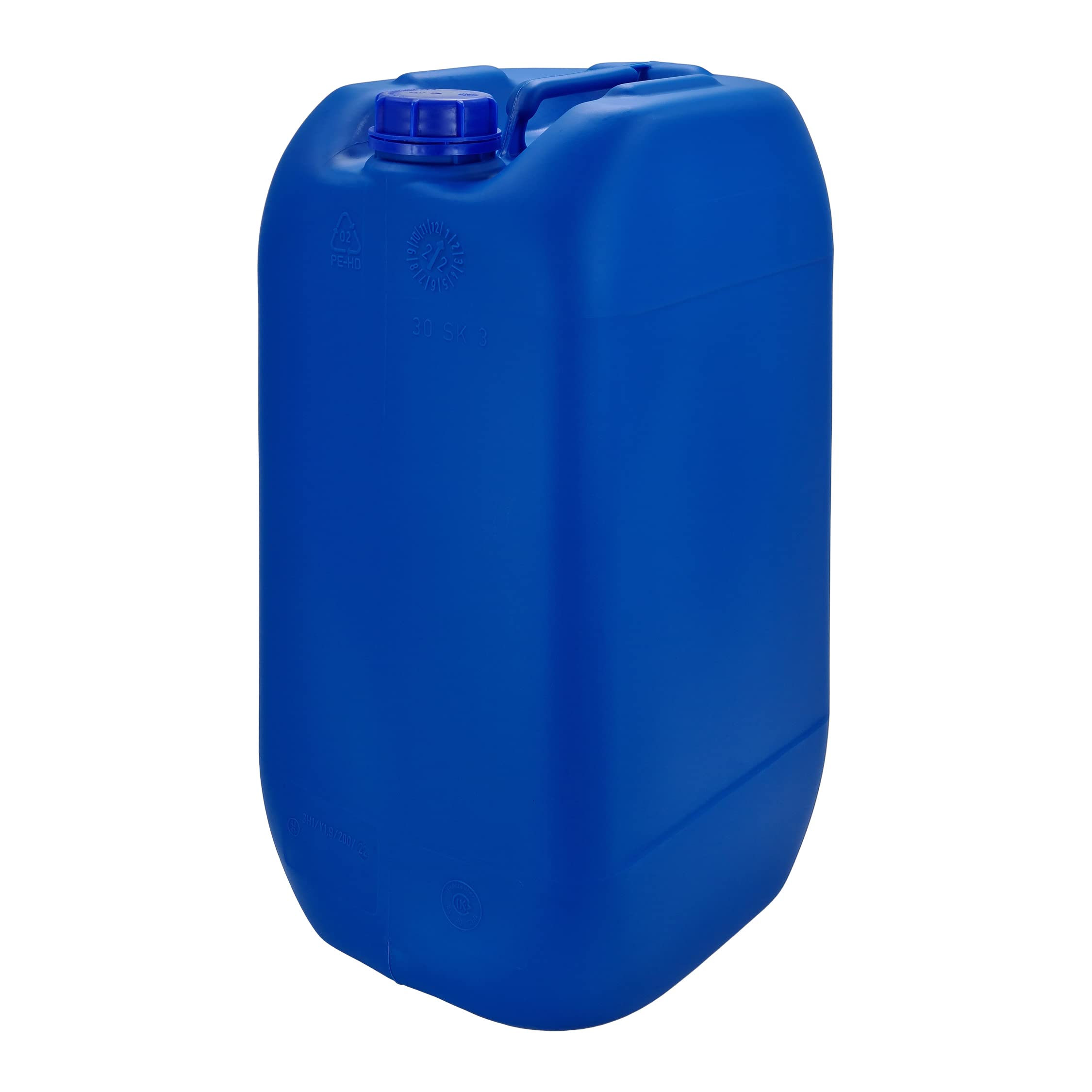 Bidón Garrafa Plástico Azul 30 litros apilable. Apta para uso alimentario como depósito contenedor de agua potable. Homologación para transporte ADR.