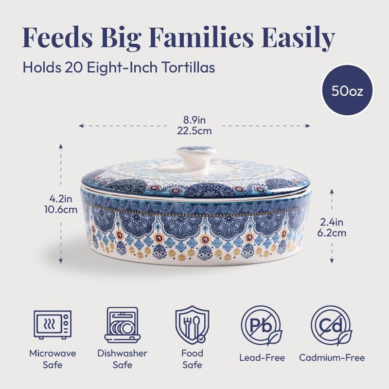 Bico Blue Talavera Ceramic Tortilla Warmer, 8.9 Inch Tortilla Holder with Lid for Taco Bread Pancake for Mexican Night and Party, Microwave and Dishwasher Safe - Image 2