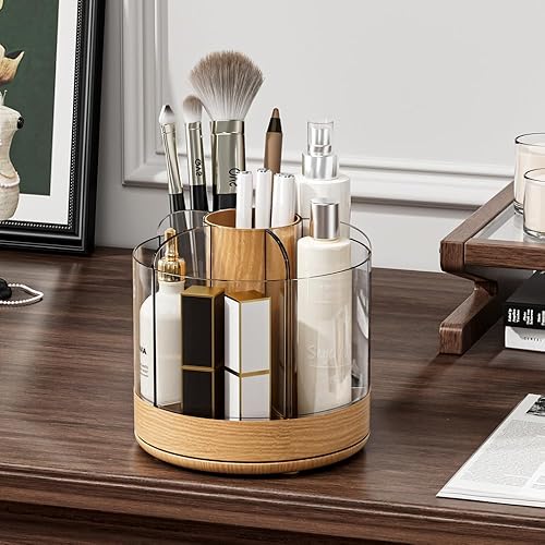 Soporte para brochas de maquillaje giratorio de 360 con 6 ranuras de almacenamiento de múltiples compartimentos, organizador giratorio acrílico para