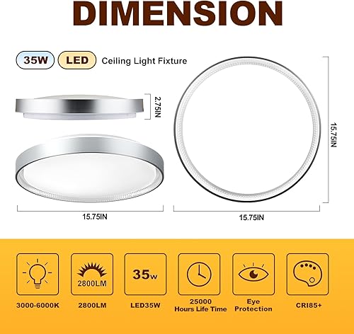 Miniatura 5 de DLLT - Lámpara de techo redonda de cristal de 45 W, moderna lámpara LED regulable cerca del techo, lámpara de techo plateada de 20 pulgadas para