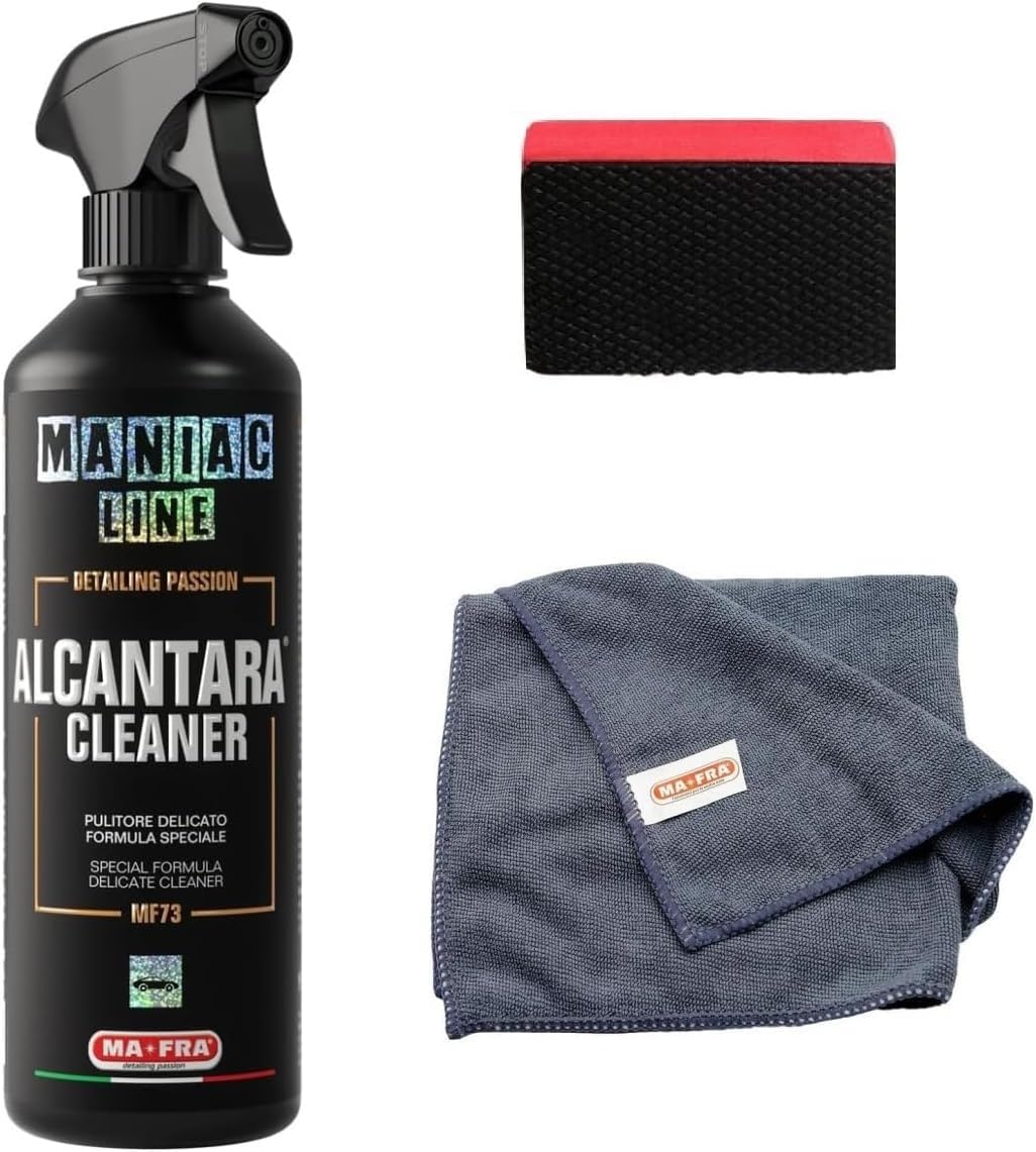 KIT MAFRA MANIAC LINE ALCANTARA CLEANER + SPUGNETTA LUCIDA AUTO + PANNO HEAVY WORK PULIZIA MACCHIE OSTINATE SPORCHI MISTI SU TESSUTI SEDILI