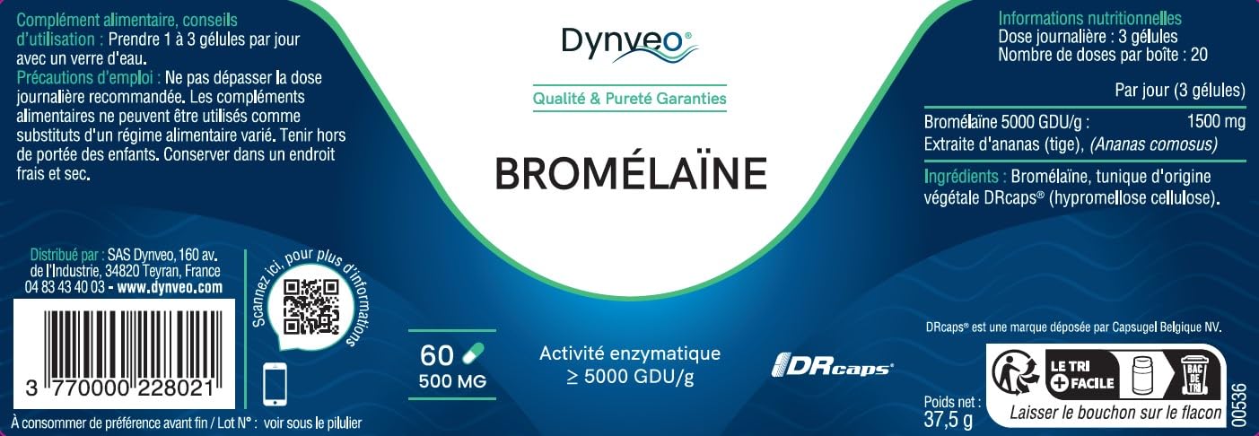 Bromélaïne Pure - Haute Activité Enzymatique 5000 GDU/g - Enzyme soutenant la digestion des protéines - Extraite de tige d'ananas - 60 gélules Végétales DRcaps™ - Sans additifs - Dynveo