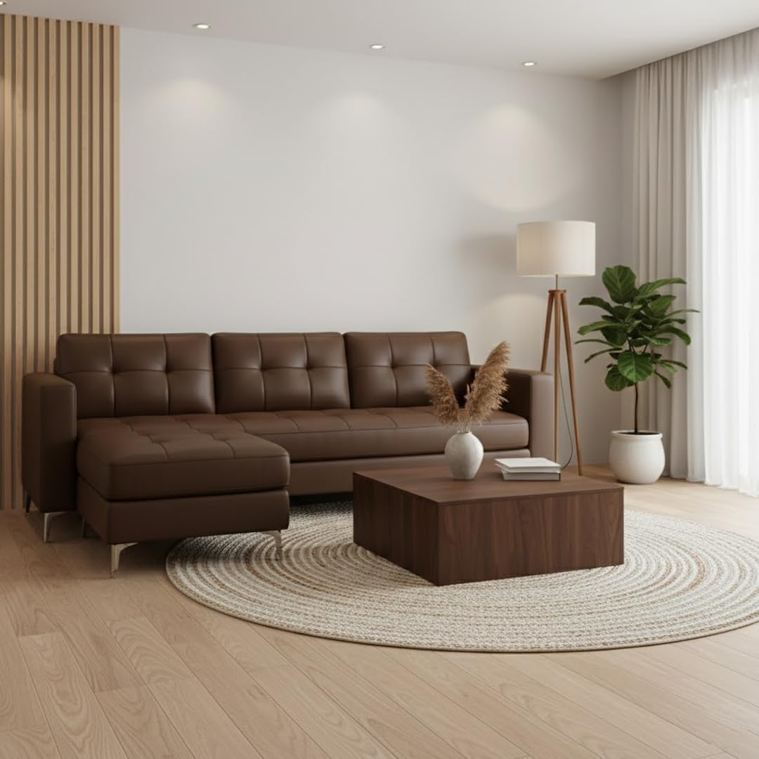 CASASTYLE Creamoy 3 Seater Leatherette Sofa Set with Extra Ottoman (Dark Brown) Durable & Comfortable, Ideal for Living Rooms