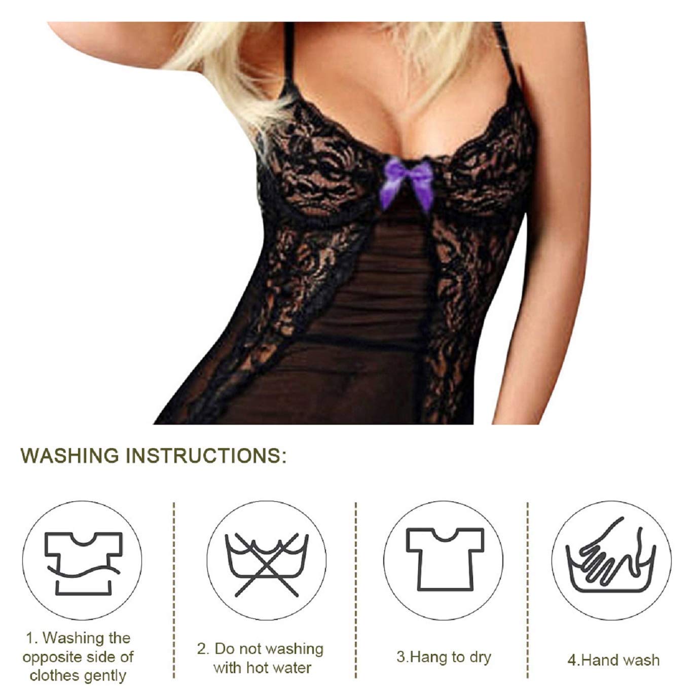 Conjunto de ropa de dormir de malla de encaje para mujer, ropa interior transparente ahuecada, camisón transparente con lazo en la espalda, ropa de dormir de muñeca, conjunto de pijama (Púrpura XL)