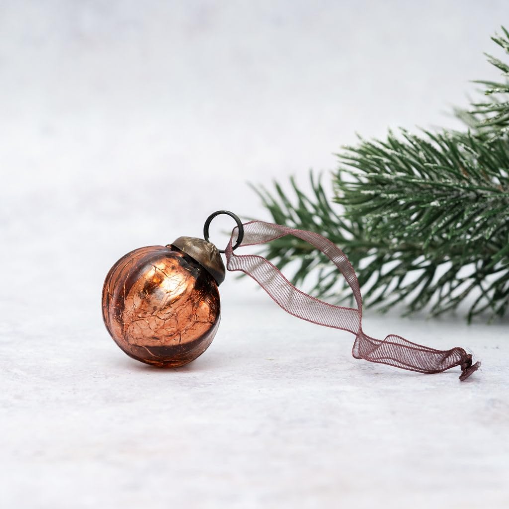 Arthur Cameron – Handmade, Mouth-blown 1" Ribbed Glass Mini Baubles with Bronze Cap, Ribbon & Organza Bag – Elegant Small Christmas Baubles & Christmas Hanging Decorations (Russet)