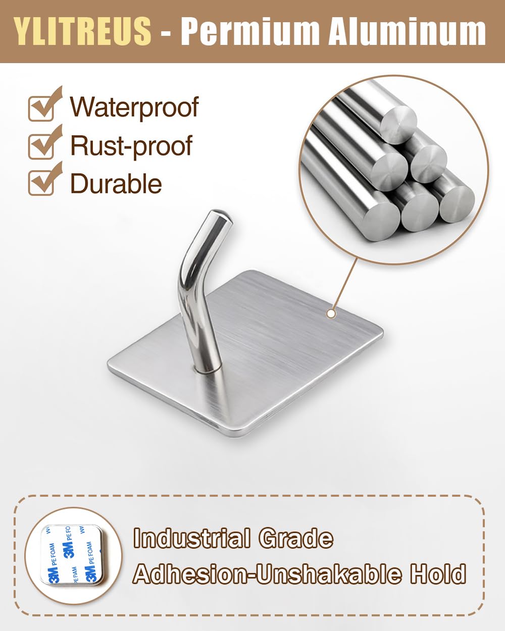 YLITREUS Ganci Adesivi da Parete 8 Pezzi Argento - Ganci Autoadesivi in Acciaio Inox per Bagno, Cucina e Ufficio, Gancio per Asciugamani e Accappatoi Senza Foratura