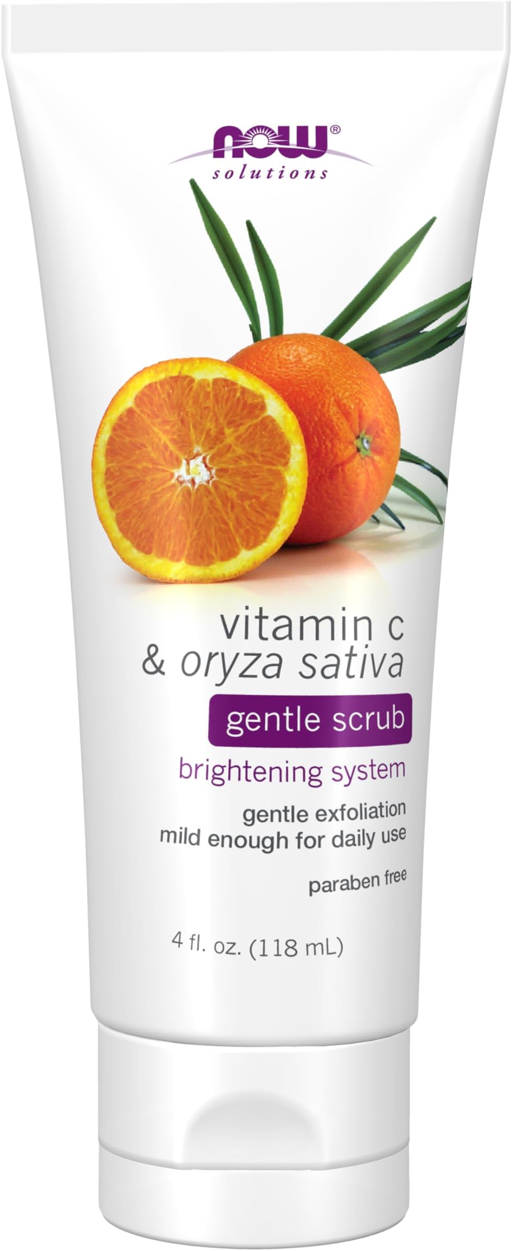 NOW Solutions, Vitamin C and Oryza Sativa Gentle Scrub, Brightening System, Gentle Mild Exfoliation for Daily Use 4-Ounce