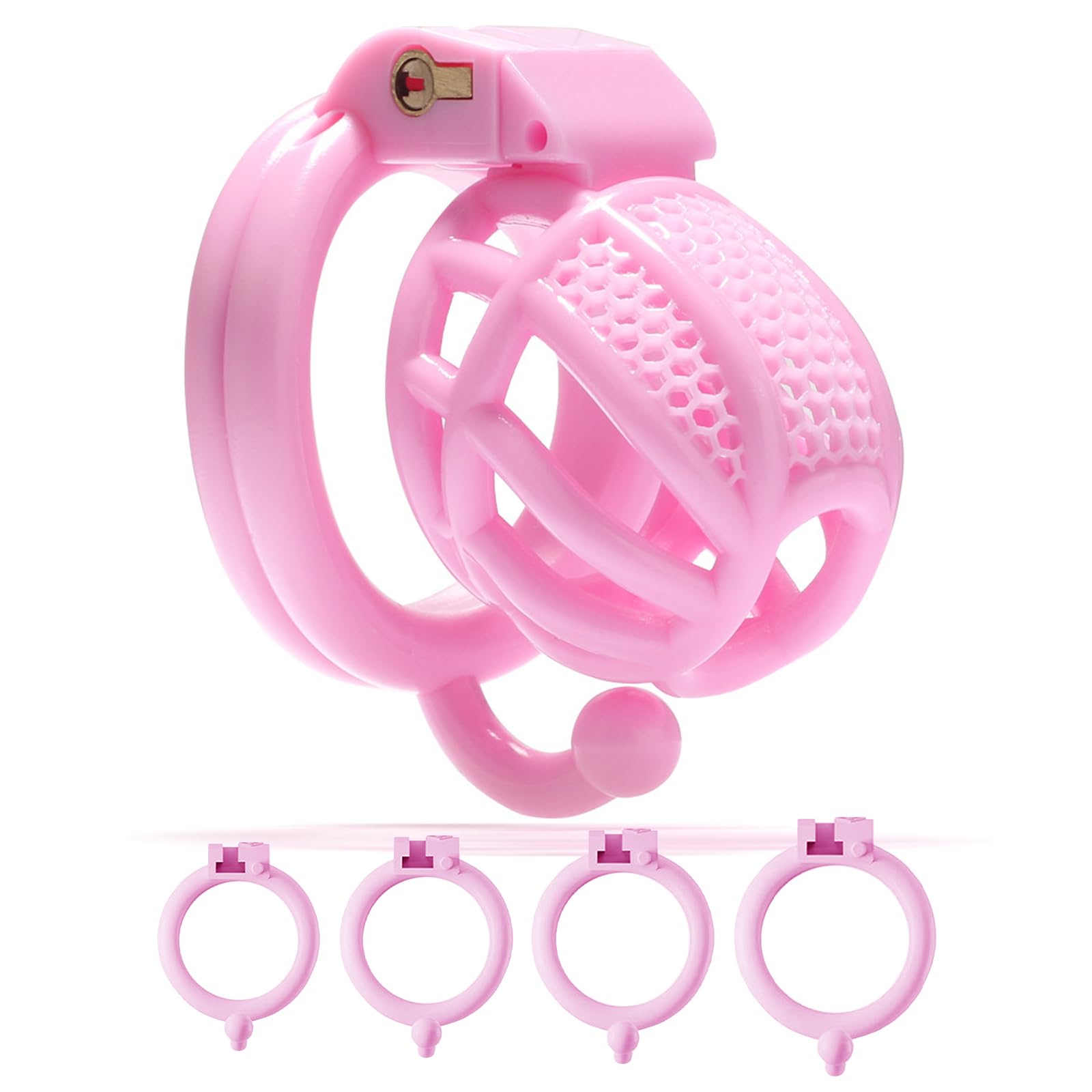 AMAZBEE Chastity Cage Male Aeration Penis Cage Honeycomb Chastity Devices for Men Cock Cage with 4 Hooked Penis Ring Adult Sissy Chastity Bondage Sex Toys (Mini,Pink)