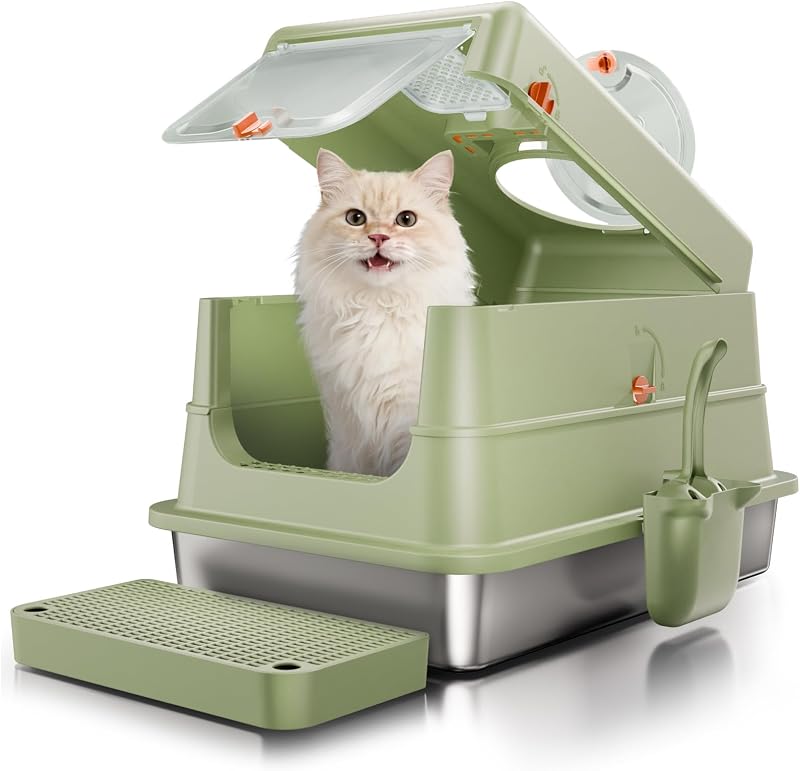 Caixa de Areia para Gatos Extra Grande em Aço Inox com Tampa, Fusblom, Verde