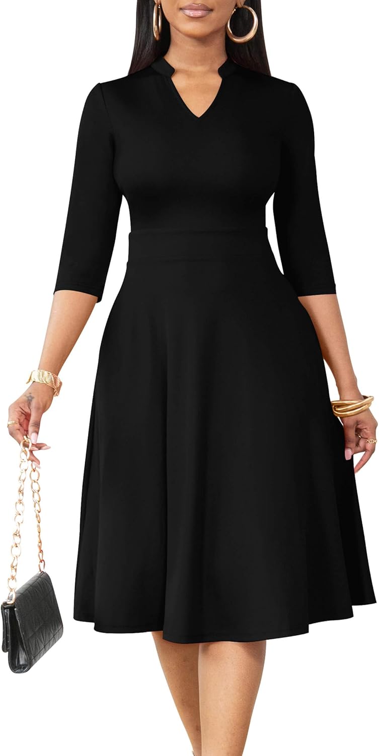 AOMONI Church Dresses for Women 3/4 Sleeve Fit and Flare Church Dress Knee Length Midi Dresses