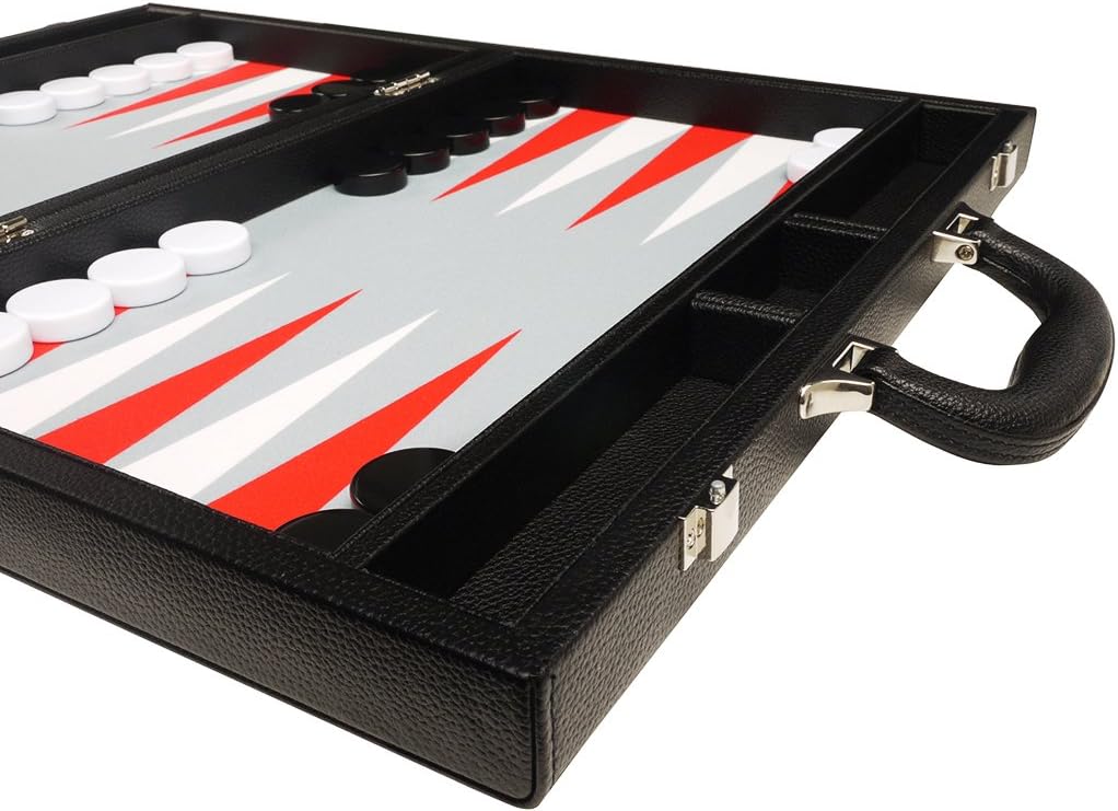 16-inch Premium Backgammon Set - Medium Size - Black Board, White and Scarlet Red Points
