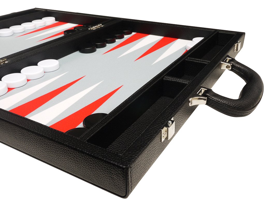 Silverman & Co. Zestaw Premium Backgammon 40 cm - średni rozmiar - czarna deska, białe i szkarłatne czerwone punkty