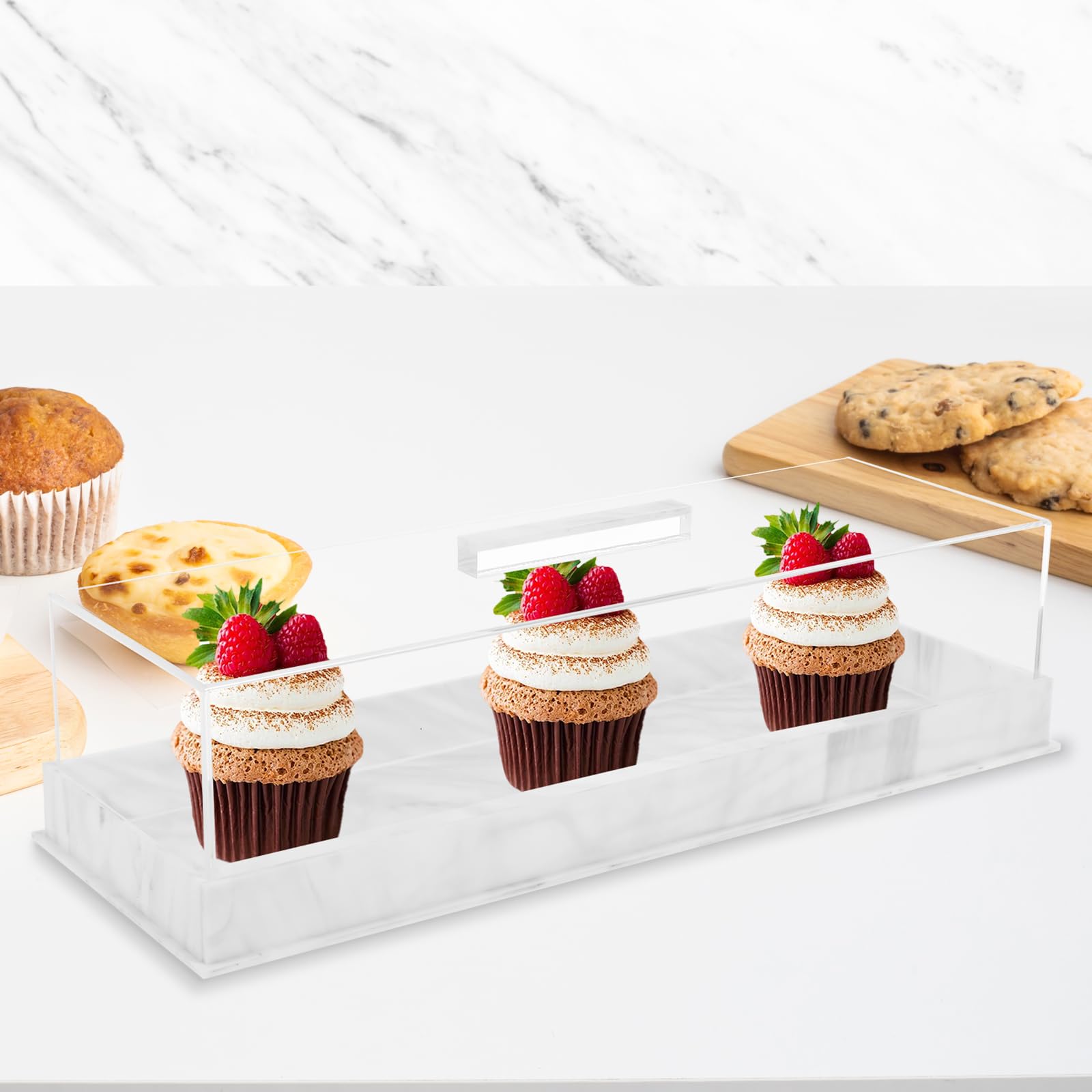 Guijzsltrg White Rectangular Cake Tray With Clear Lid Acrylic Rectangle Cake Stand Marbleized Bakery Display Case 35.5×12.7×9Cm Reusable Dessert Serving Tray Pastry Display Cabinet For Party Wedding Birthday (White)