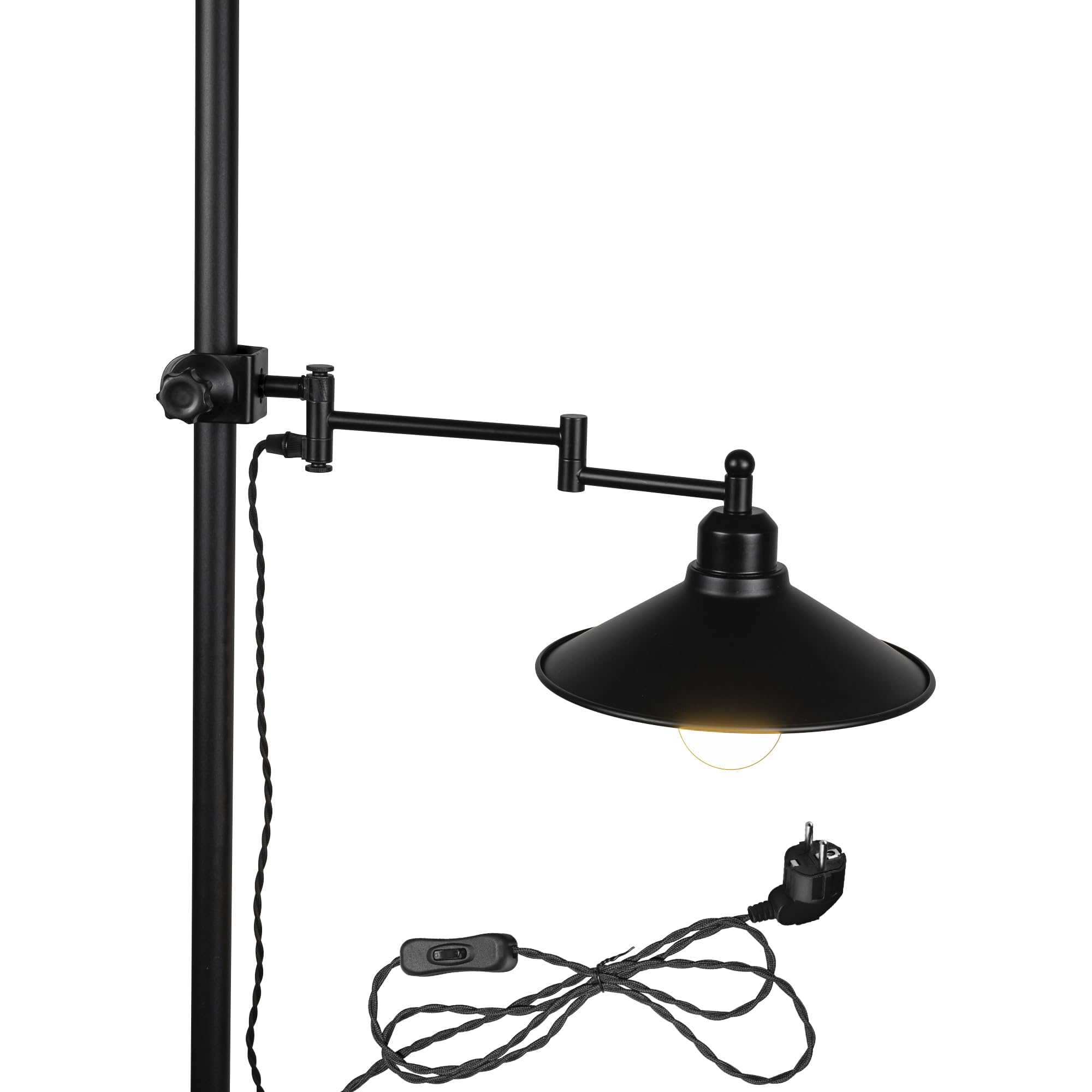 Schreibtischlampe mit Kabelschalter, Schwenkbar, Klemmlampe mit Schwenkarm und E27 Fassung für Bett und Schreibtisch, Klemmleuchte aus Metall in Schwarz,A1-YGJZBBD04