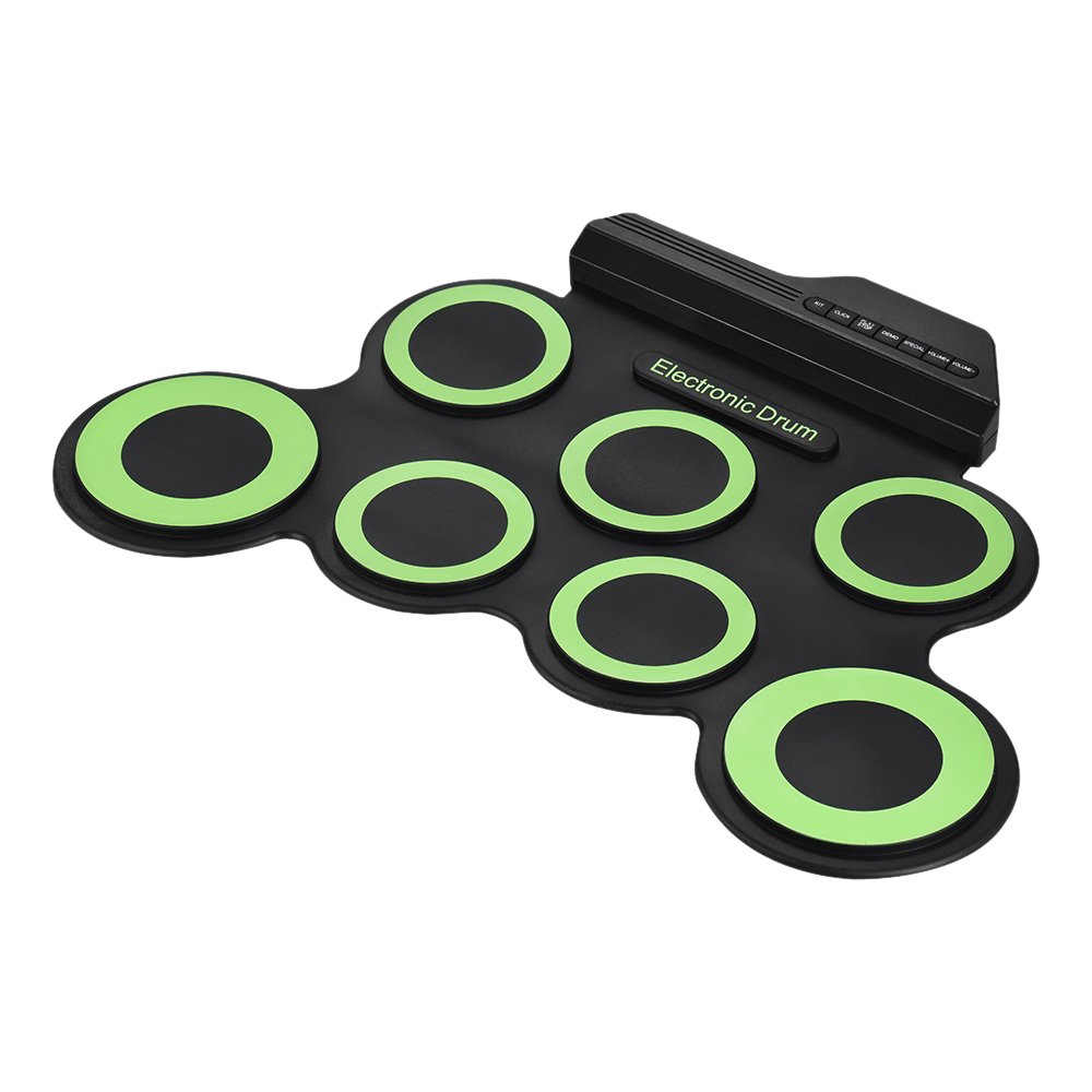 Kit de batería enrollable digital digital portátil de tamaño compacto, 7 almohadillas de silicona alimentadas por USB con baquetas, pedales de pie de 3,5 mm, cable de audio para practicar