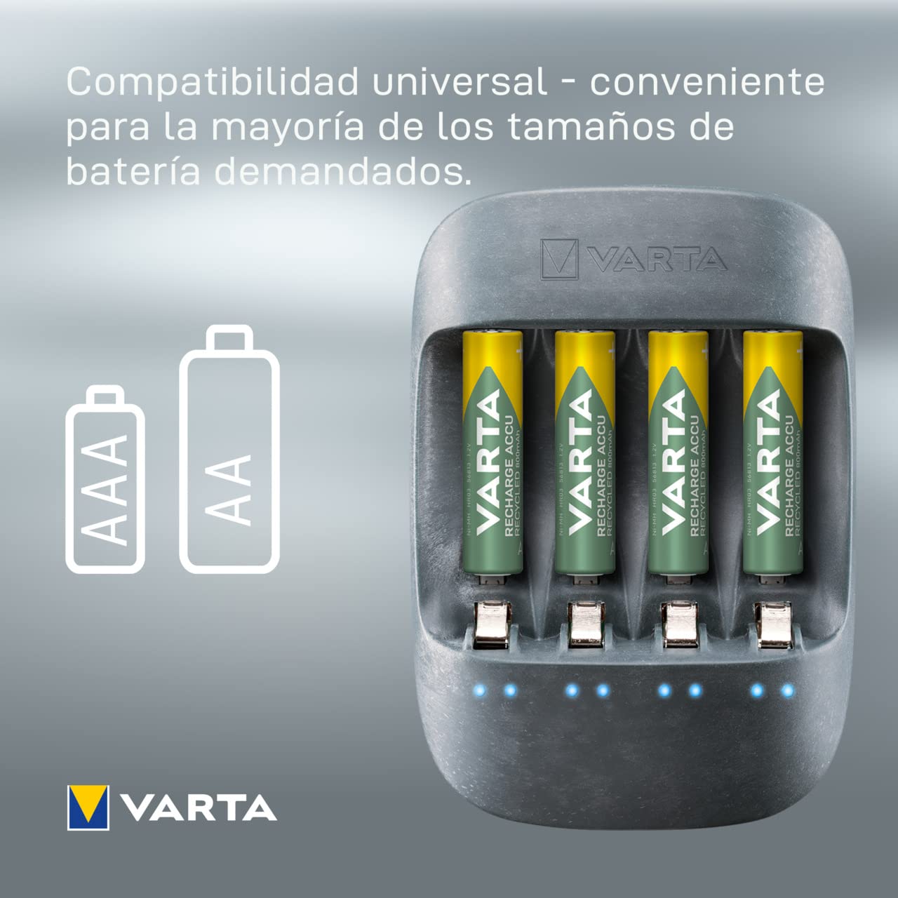 VARTA Cargador de Pilas, incl. 4X AAA 800mAh, cargador para pilas AA/AAA recargables, Eco Charger, carga a ranura única, fabricado con un 50% de material bioplástico