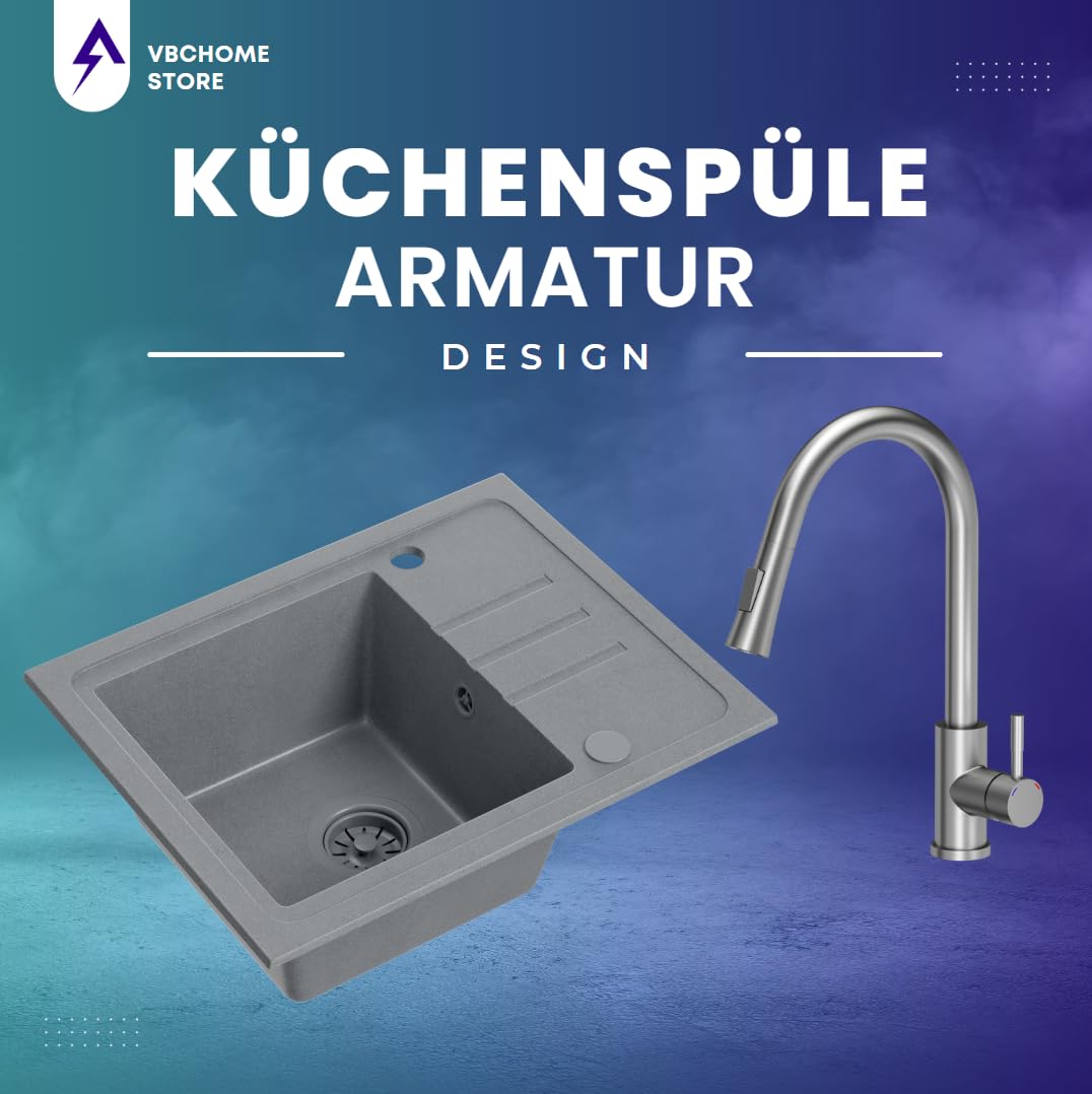 VBChome Fregadero de granito gris con grifería, 55 x 44 cm, fregadero individual, empotrable, moteado, reversible, de granito, gris, con grifo de acero inoxidable con caño extraíble
