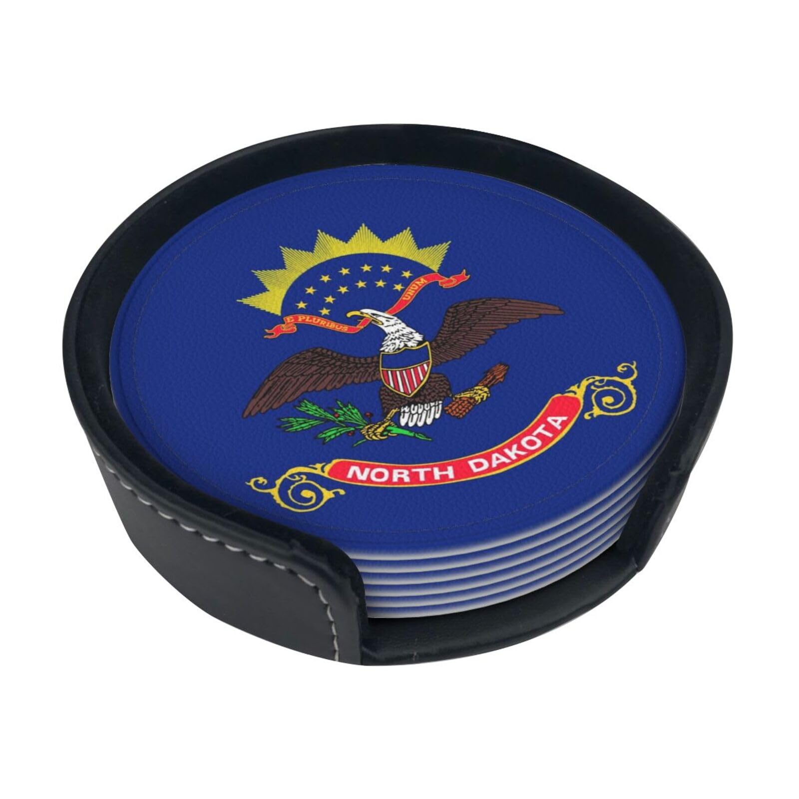 Flag of North Dakota Leather Coasters-Set of 6 with Storage Holder