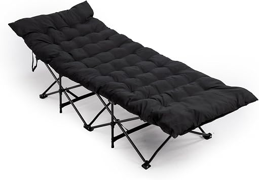 Folding Camping Bed With Thick Mattress, 150kg Load, Black