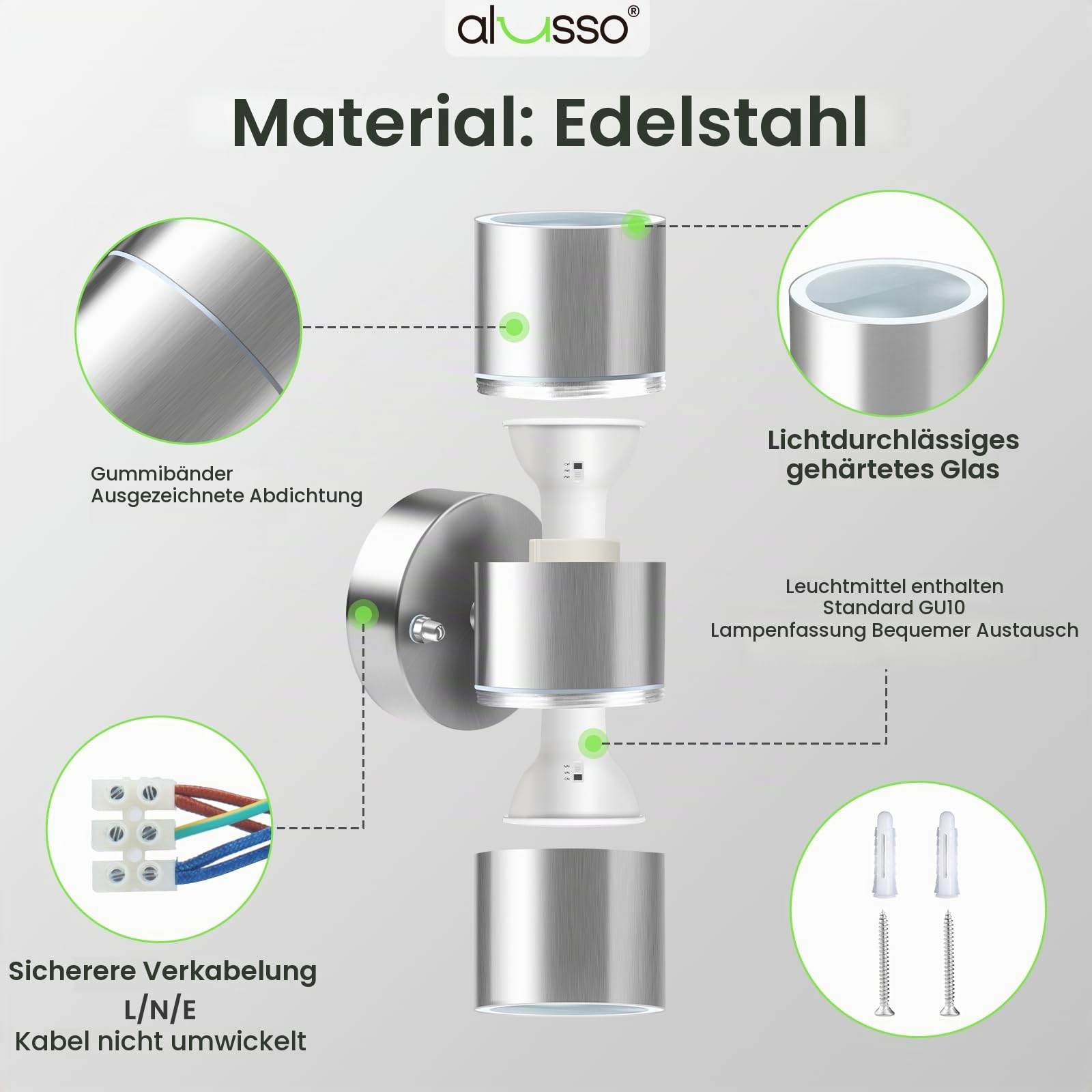 ALUSSO Aussenlampe Wand, 750LM 3CCT, inkl.4×8W GU10, Silber, 2er Set | Up Down Wandleuchte 3000K/4000K/6000K, Wandlampe IP65 Wasserdicht für Garten