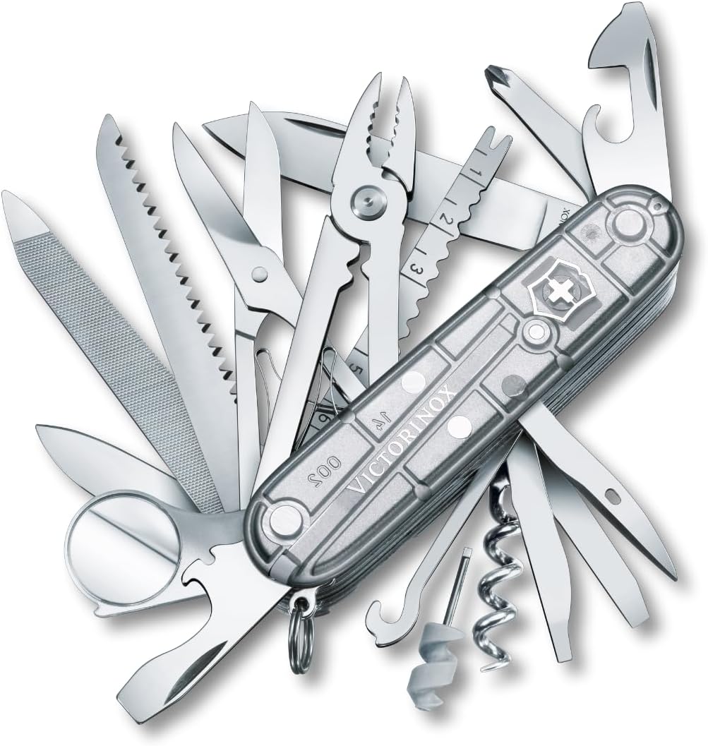 Swiss Champ Swiss Army Knife, 33 Functions, Swiss Made Pocket Knife with Large Blade, Screwdriver, Chisel and Combination Pliers - Silvertech