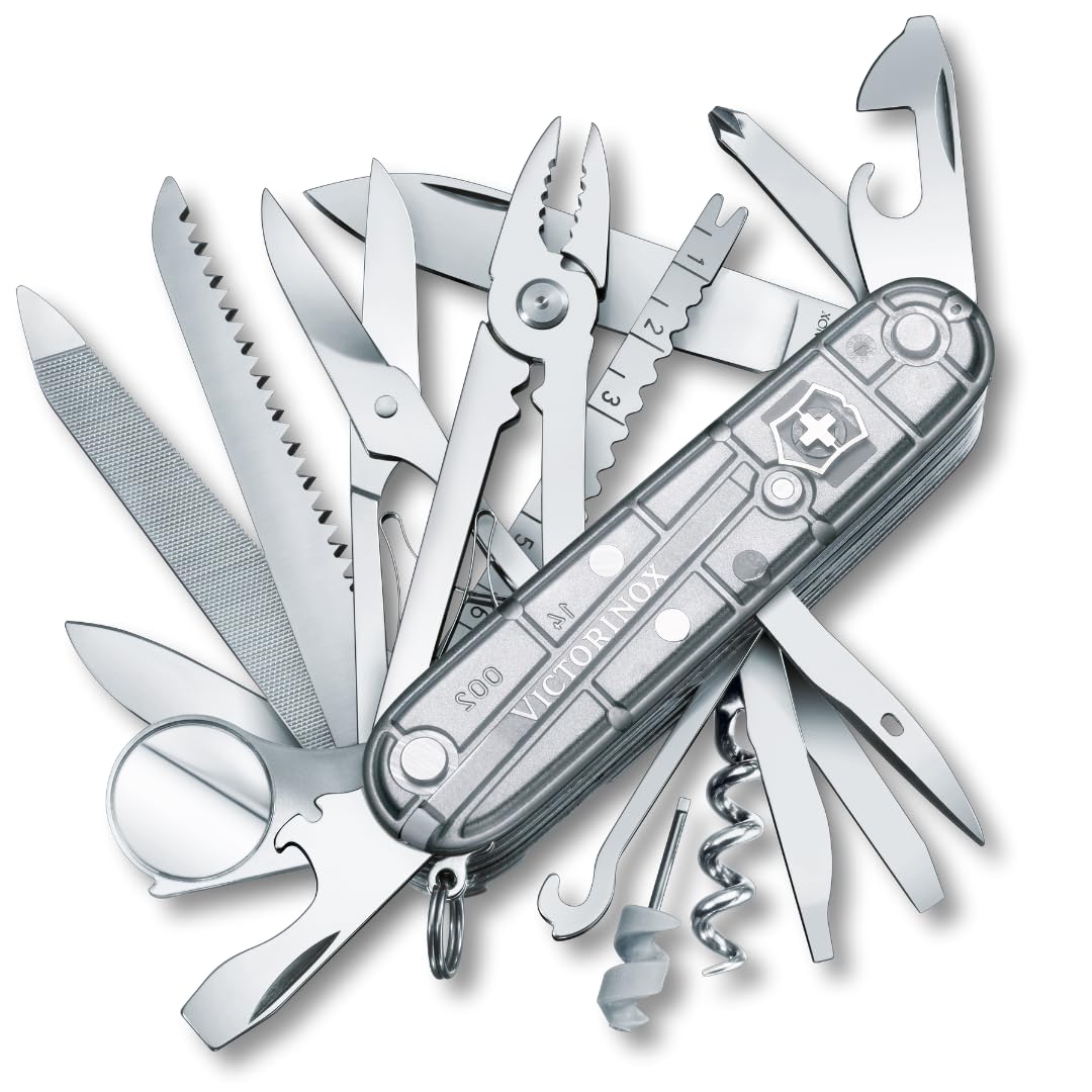 VictorinoxSwiss Champ Swiss Army Knife, Medium, Multi Tool, 33 Functions, Blade, Scissors, Silver Transparent