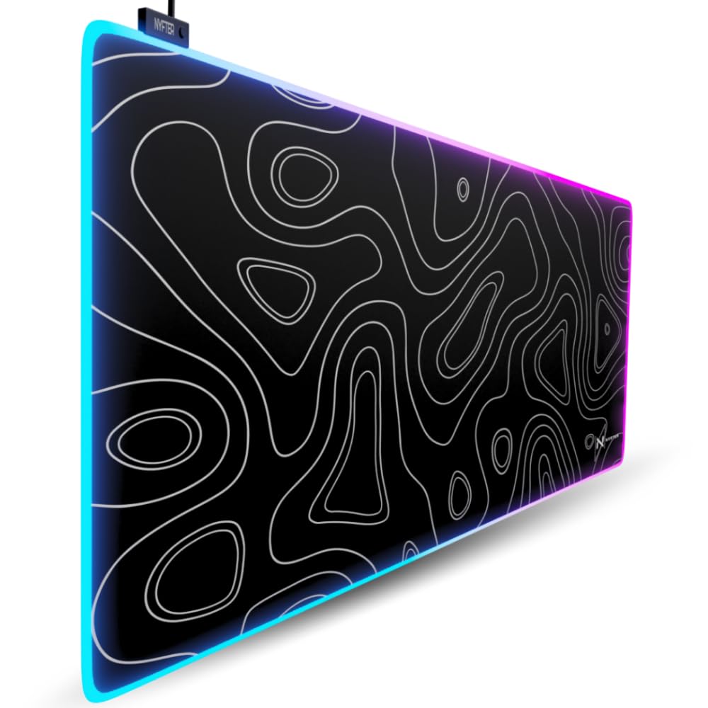 Nyfter - Tappetino per mouse XXL per gaming, RGB, nero, design topografico, 900 x 500 mm, misura grande, bordi cuciti, durevole con Glide di alta qualità e antiscivolo, per gaming