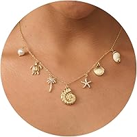Plenky 14K Gold Plated Beach Necklace for Women - Shell, Starfish, Turtle, Palm Tree Charms - Hypoallergenic Pendant Jewelry Gifts