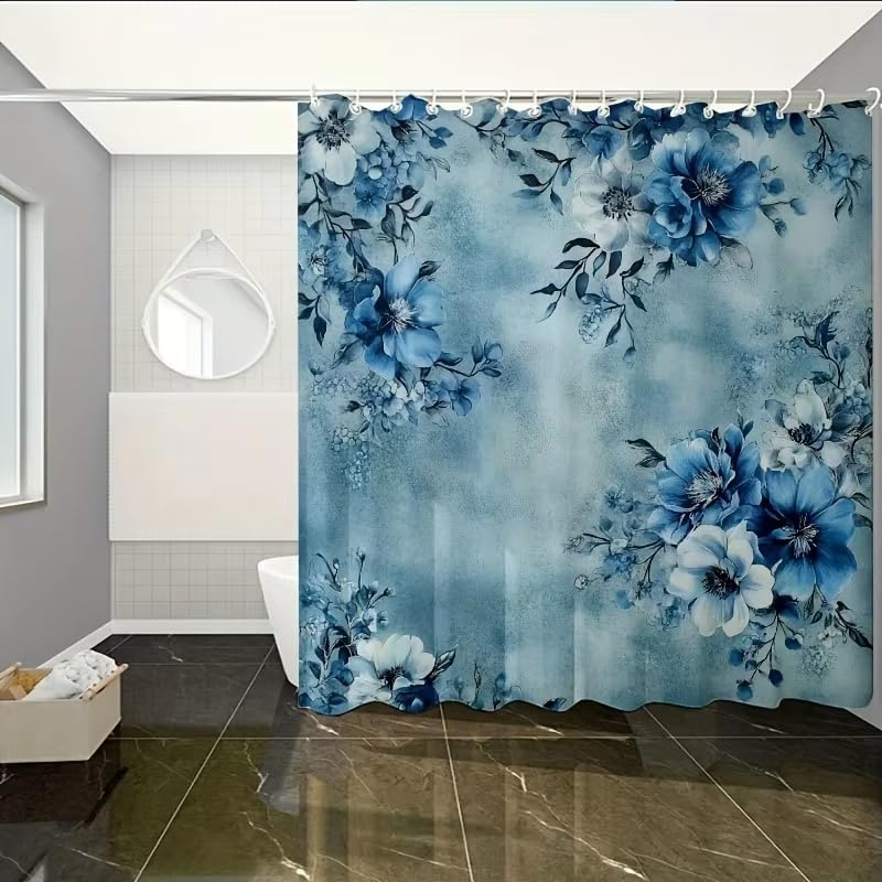 Rideau de douche imperméable à fleurs bleues en polyester anti-moisissure et robuste - 4
