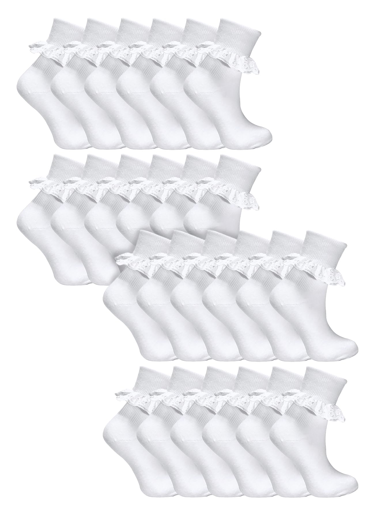 Sock Snob Girls White 24 Pairs Multipack Lace Socks | Fancy Cotton Cute Frilly Socks | Ideal For School Uniform